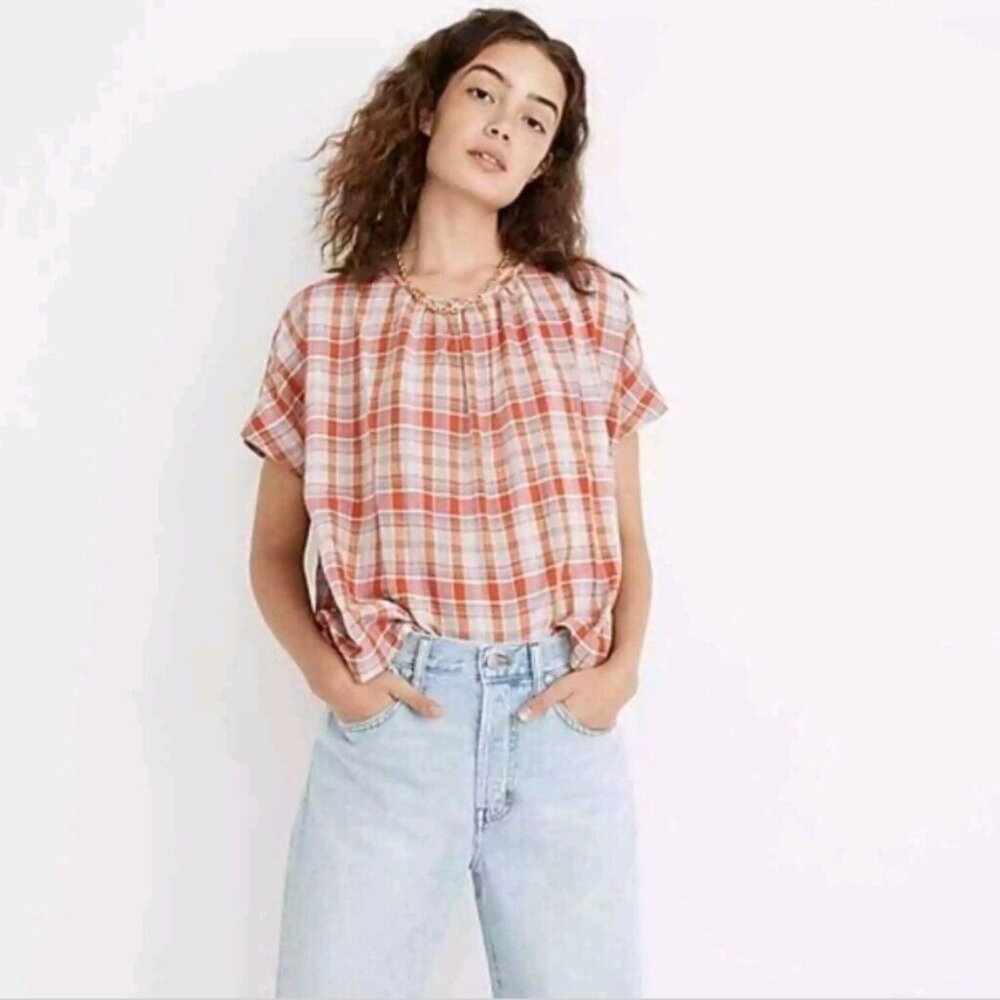 Madewell Orange Plaid Short Sleeve Shirred Boxy Blouse Size XS